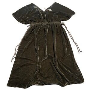 World Market NWT Velvet Kaftan Dress‎ Olive Green Dolman Sleeve Drawstring Midi